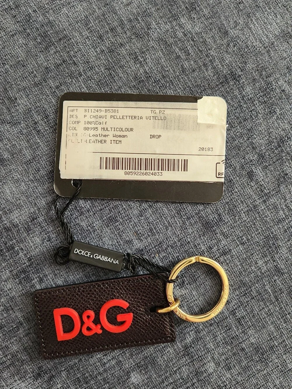 Dolce & Gabbana Brown Leather Key Ring with Red D&G Logo and Gold Ring